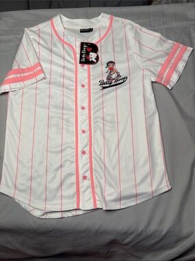 Betty Boop White & Pink Striped Button-Front Baseball Jersey Size Large L NWT